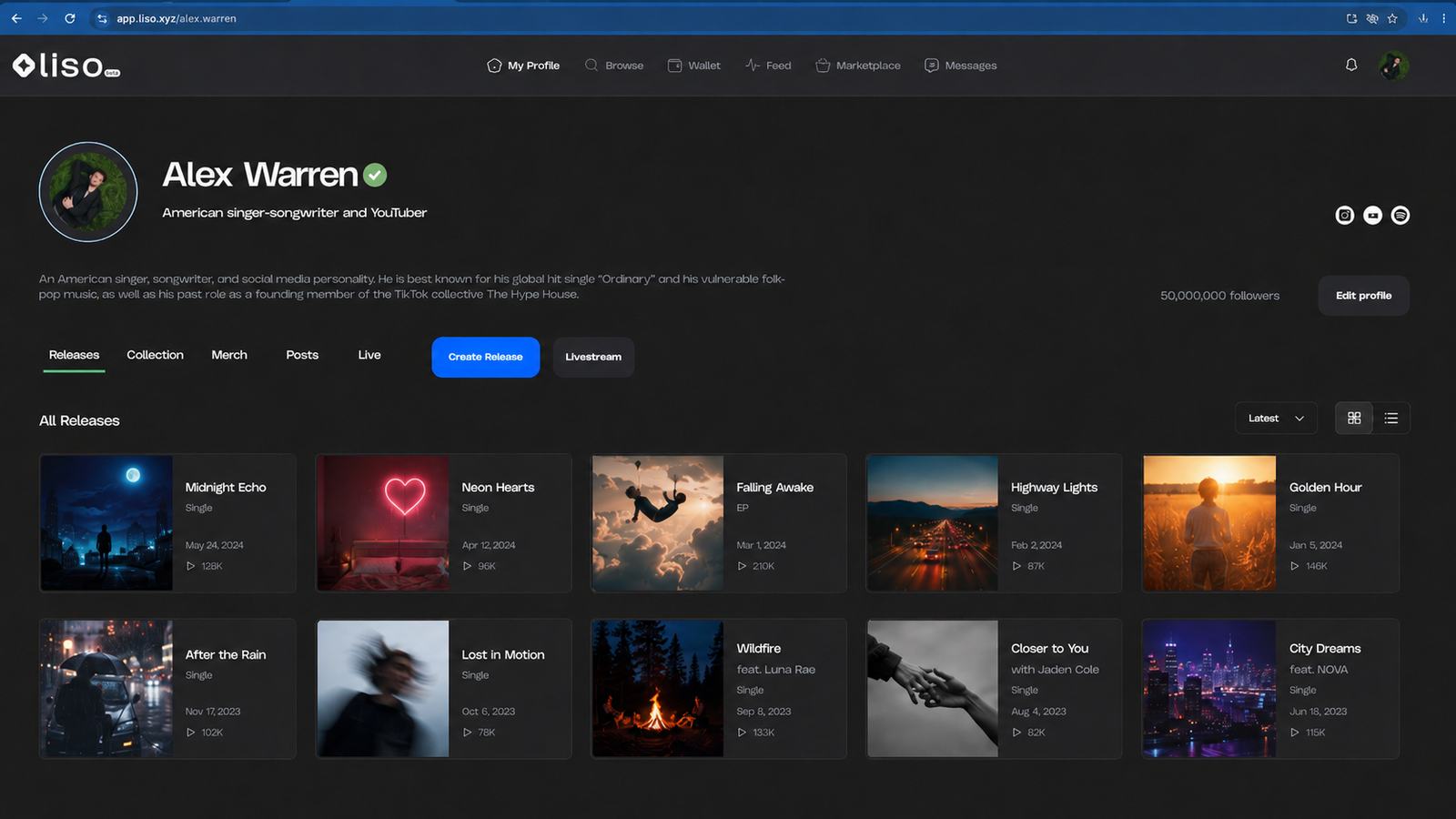 Liso artist profile example showing artist identity, releases, content, social links, merch and live features