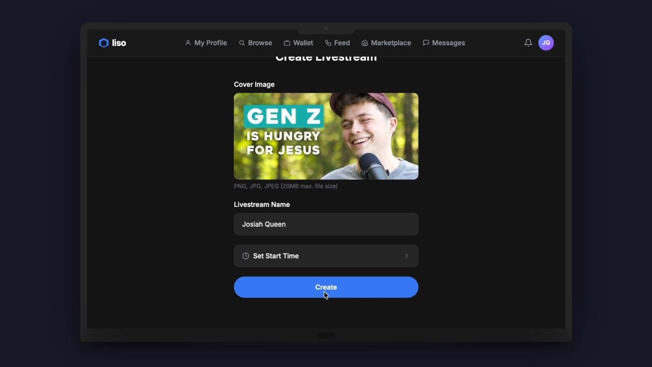 Liso Create Livestream screen showing cover image, livestream name and scheduled start time